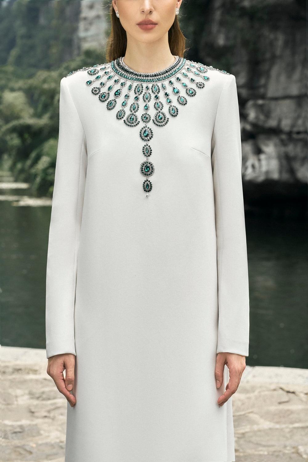Long Sleeve Dress With Stone Embellishments - TRACY COUTURE